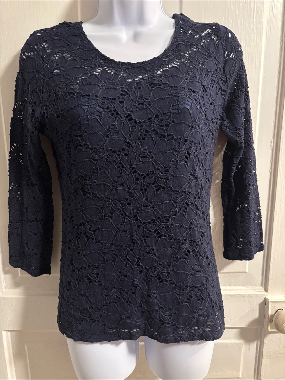 Peck & Peck Women's Navy Lace Crochet 3/4 Sleeve Top Size L
